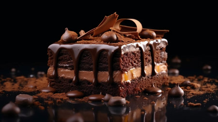 Delicious chocolate cake on black background, closeup. Dessertの素材