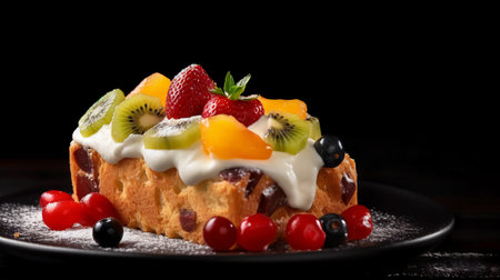 Fruit cake with whipped cream and fresh berries on a black backgroundの素材