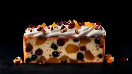 Piece of cake with raisins on a black background.の素材