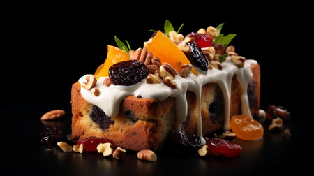 Homemade cake with raisins and nuts on a black backgroundの素材