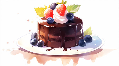Chocolate cake with cream and berries on a white background. Vector illustration.の素材