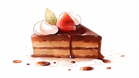 Illustration of a chocolate cake with strawberries on a white background.の素材