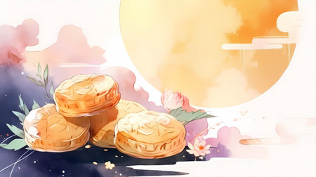 Illustration of moon cake with cherry blossom and sun on backgroundの素材