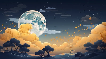 Autumn landscape with moon and clouds in the sky, vector illustrationの素材