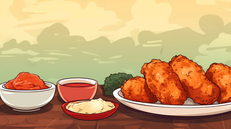 Illustration of a plate of fried chicken on a wooden table with sauceの素材