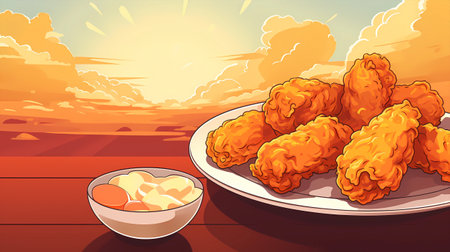 Illustration of fried chicken nuggets on a plate with a bowl of sauceの素材