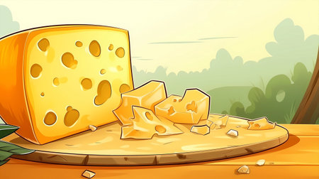 Illustration of a piece of cheese on a wooden table with a green backgroundの素材