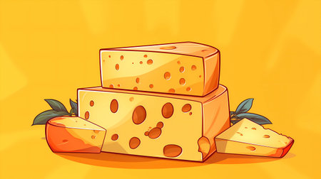 Illustration of a set of cheeses on a yellow background.の素材