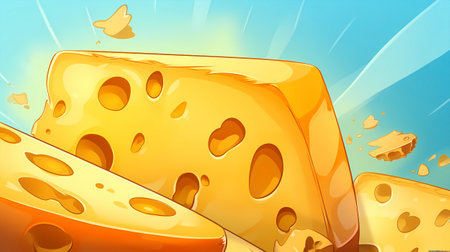 illustration of cheese with holes on a blue background with sun raysの素材