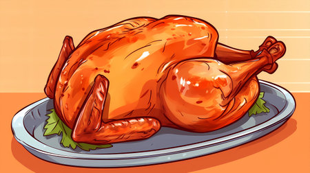 Illustration of a roasted turkey on a plate. Vector illustration.の素材