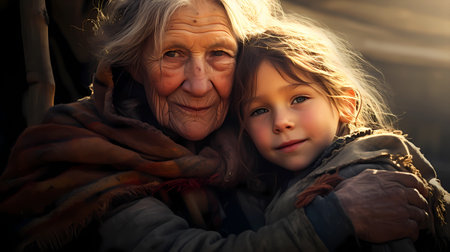 Grandmother with her granddaughter at sunset in the village. Happy family.の素材