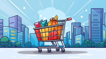 Cartoon illustration of shopping cart full of gift boxes on city backgroundの素材
