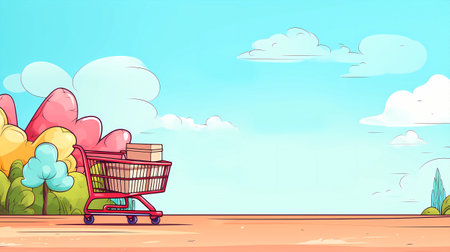Cartoon illustration of shopping cart with shopping bags on the road.の素材