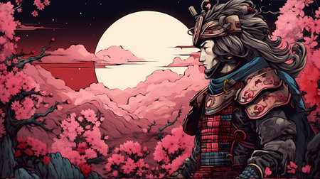 Fantasy illustration of a knight on the background of the moon.の素材