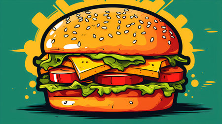 Hamburger vector illustration on green background. Burger with cheese and vegetables.の素材