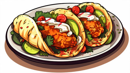 Illustration of a plate of tacos with meat and vegetables on a white backgroundの素材