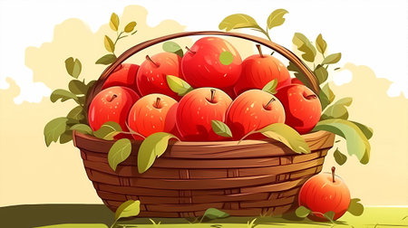 Ripe apples in a basket on the grass. Vector illustration.の素材