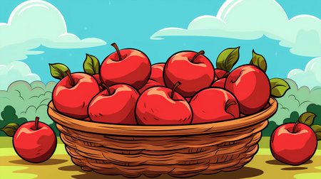 Illustration of a basket full of red apples on a sunny dayの素材