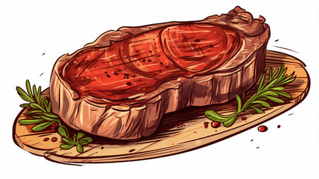 Illustration of a steak on a cutting board with herbs and spicesの素材