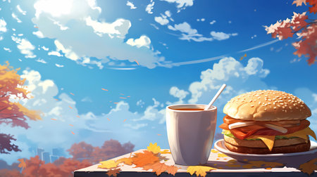 Big hamburger with a cup of coffee on the background of autumn landscapeの素材
