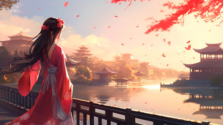 Beautiful asian woman in traditional chinese dress walking on the bridgeの素材