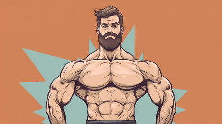 Muscular man with beard and mustache. Vector illustration of a bodybuilder.の素材