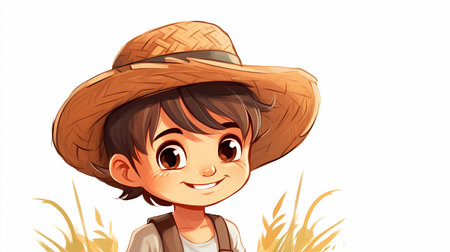 Boy wearing a straw hat on a white background. Vector illustration.の素材