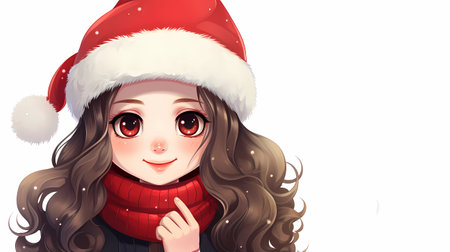 Illustration of a cute girl with christmas hat on white backgroundの素材