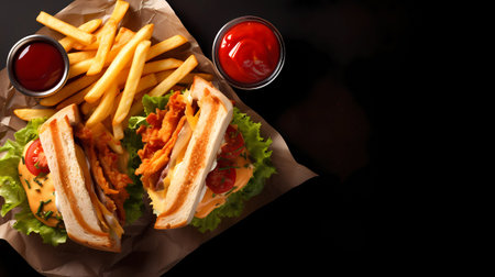 Sandwich with chicken and french fries on a dark background. Top viewの素材