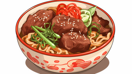 Illustration of a bowl of asian noodles with beef and vegetablesの素材
