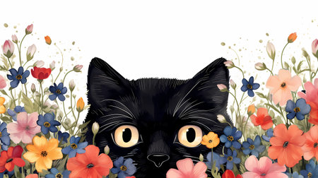 Cute black cat with flowers. Hand drawn vector illustration on white background.の素材