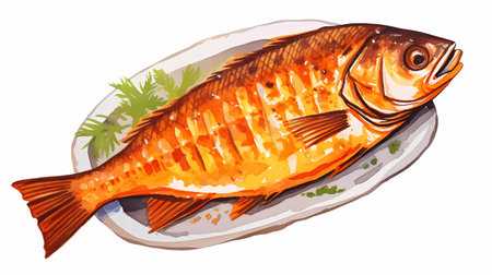 Illustration of a fresh fish on a plate on a white backgroundの素材