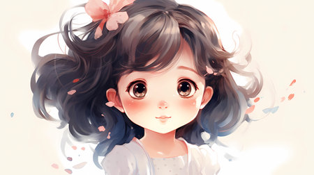 Illustration of a cute little girl with long brown hair in a white dressの素材