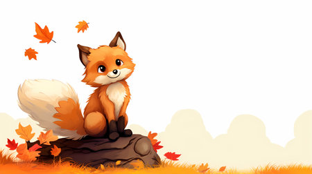 Illustration of a little fox sitting on a stump with autumn leavesの素材