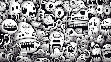 Cartoon cute doodles hand drawn monsters seamless pattern. Vector illustrationの素材