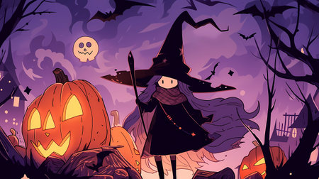 Halloween illustration with witch, pumpkins, bats and skull.の素材