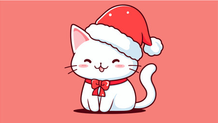 Cute white cat in red christmas hat. Vector illustration.のイラスト素材