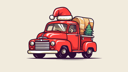Vintage car with Santa Claus hat and Christmas tree. Vector illustration.のイラスト素材