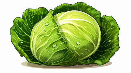 Illustration of a fresh green cabbage with leaves on a white backgroundの素材