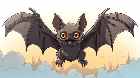 Illustration of a bat flying in the sky with a city backgroundの素材