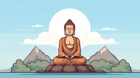 Buddha sitting on the rock and meditating. Vector illustrationの素材