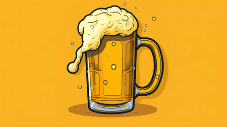 Illustration of a beer mug with foam on a yellow background.の素材