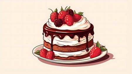 Illustration of chocolate cake with cream and strawberries on a white backgroundの素材