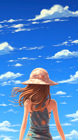 3D illustration of a beautiful girl with hat on the sky backgroundの素材