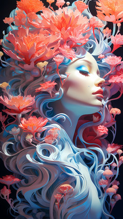 Beautiful woman with flowers in her hair. Vector illustration. Beauty, fashion.の素材