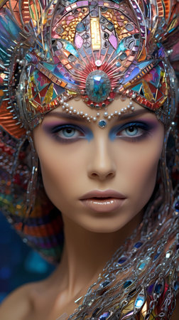 Beautiful woman with creative make-up and precious stones on headの素材