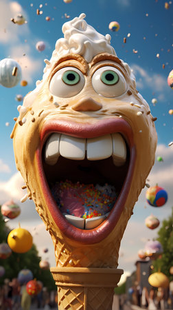 Funny ice cream monster in the park. 3d rendering.の素材