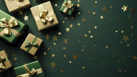 Gift boxes with golden bows and stars on green background. 3d renderingの素材