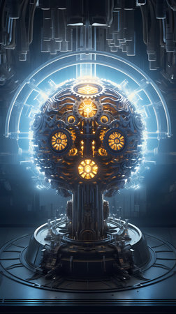3d rendering of abstract technology concept with glowing gear wheel in spaceの素材