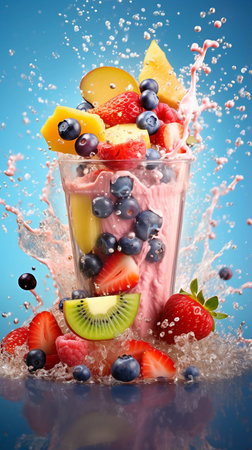 Fruit smoothies in glass with splashes of water on blue backgroundの素材